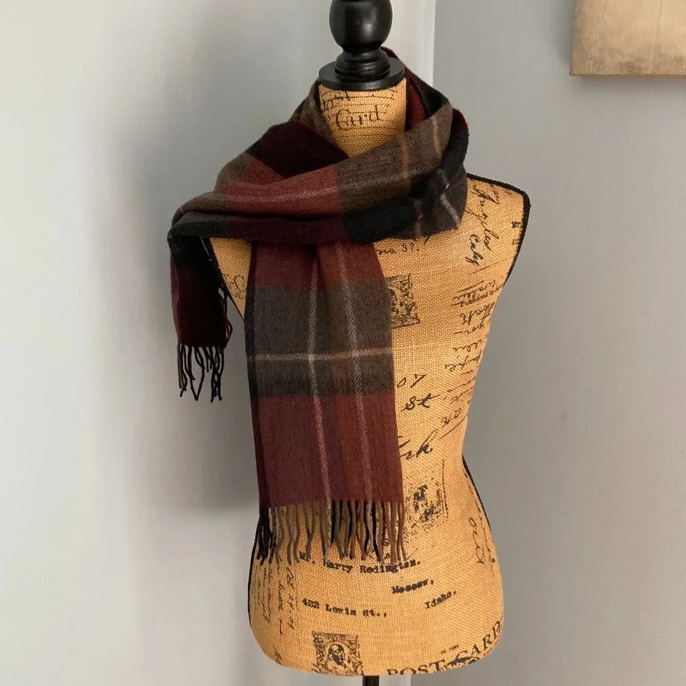 100% Cashmere Long Scarf Black Gray Maroon Plaid EUC